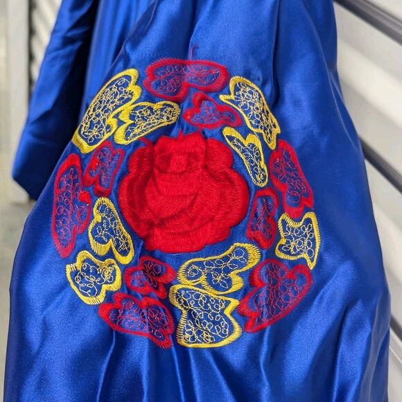 Blue Silky Kimono Robe With Red & Yellow Embroidered Rose Design - Picture 6 of 11